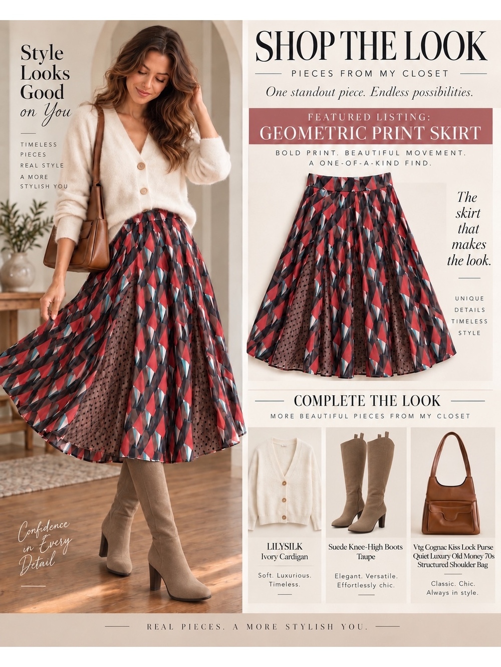 BANG Geometric Pleated Midi Skirt L Avant-Garde Maximalist Art Deco
